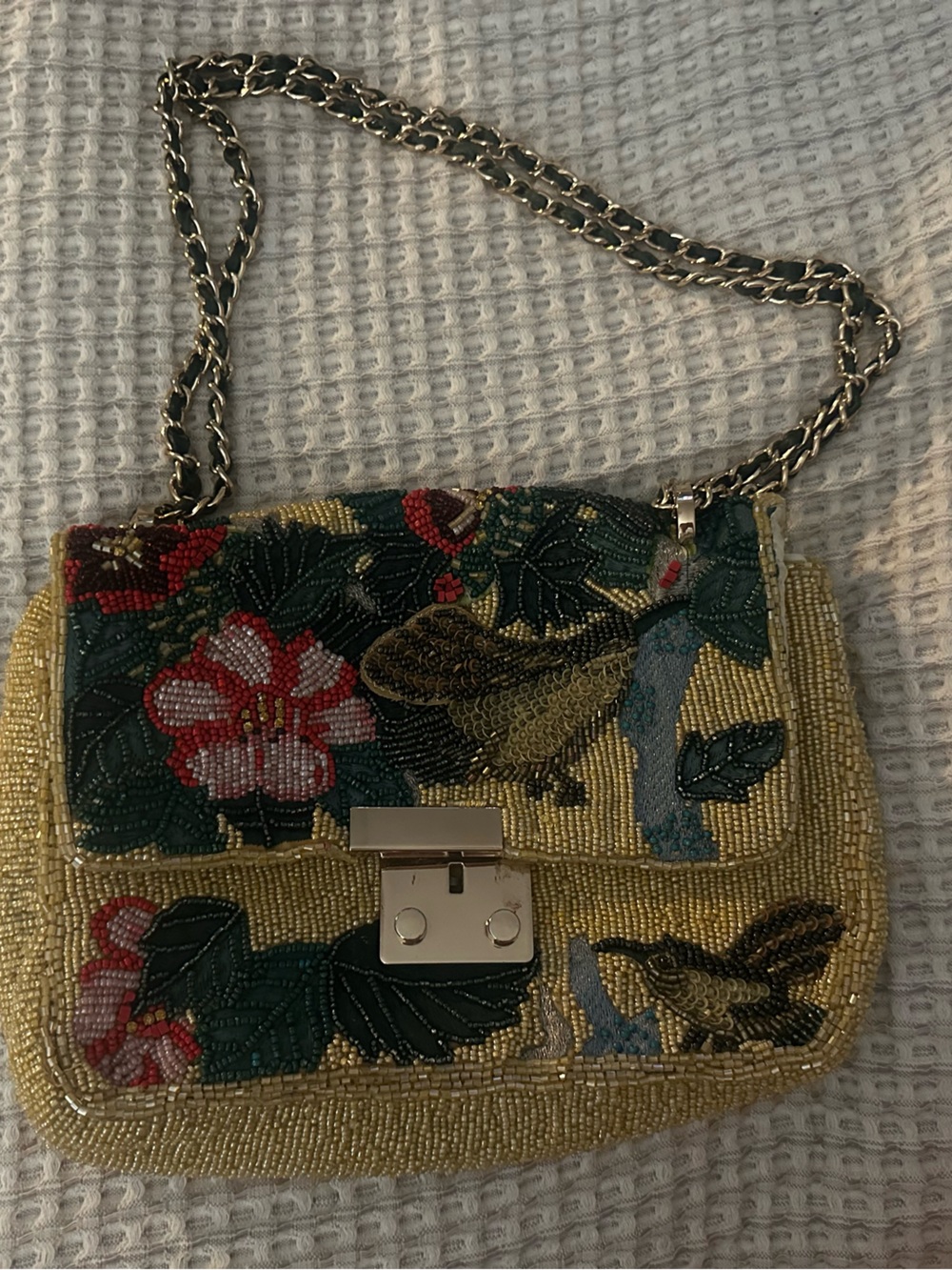 Embroidered Beaded Floral Clutch in Gold and Green